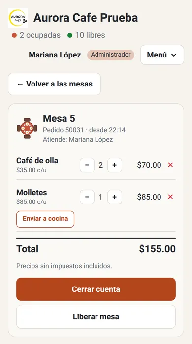 La cuenta de la Mesa 5 en el celular, con café de olla y molletes, y el botón Cerrar cuenta.