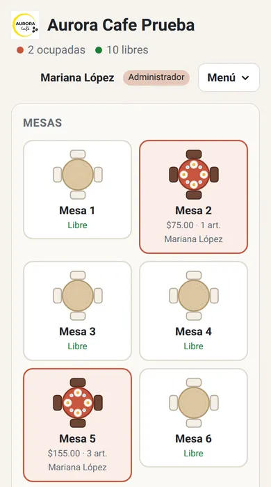 Las mesas en la pantalla de un celular: dos ocupadas y las demás libres.