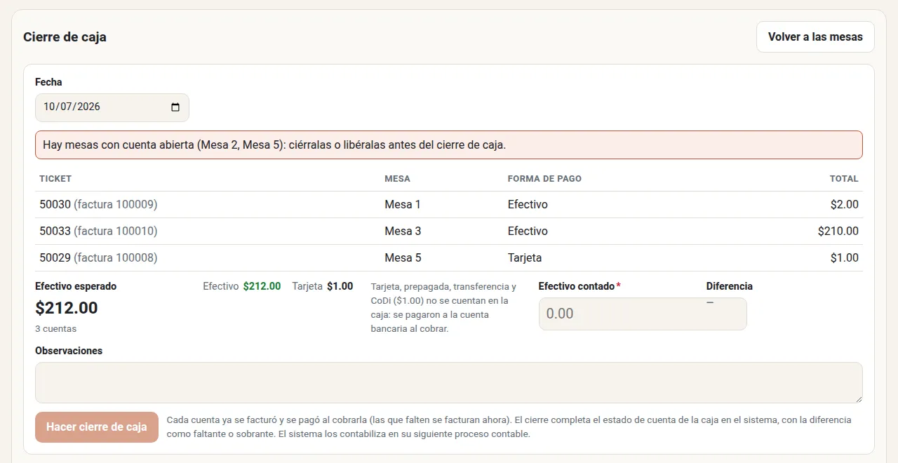 Cierre de caja: lista de cuentas del día con su forma de pago, efectivo esperado y campo para el efectivo contado.