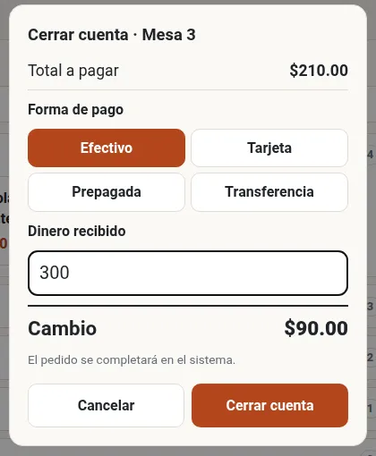 Ventana de cobro: total 210 pesos, efectivo recibido 300 y cambio de 90.