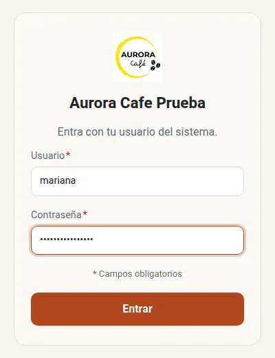 Pantalla para entrar con usuario y contraseña, con el logotipo del restaurante.