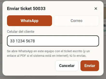 Ventana Enviar ticket con las opciones WhatsApp y Correo y el celular del cliente.