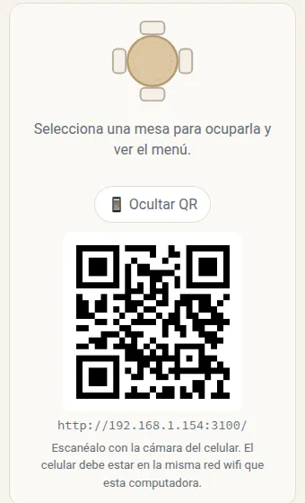 Código QR con la dirección del restaurante en la red local y la indicación de escanearlo con el celular.